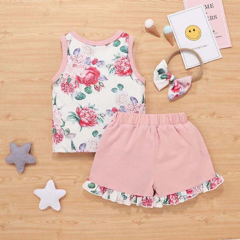 Baby Girls Shorts Suits Infant Floral Vest Toddler Flower Printed Tops Elastic Splice Lace Shorts Kids Casual Outfits With Headband