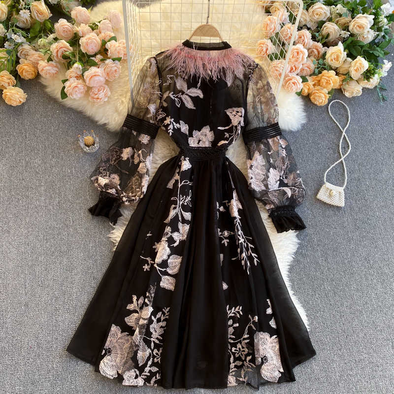 Fashion Women Embroidered Flower Ostrich Hair Round Collar Long Sleeve Elegant A-line Dress Vintage Vestido De Mujer R321 210527