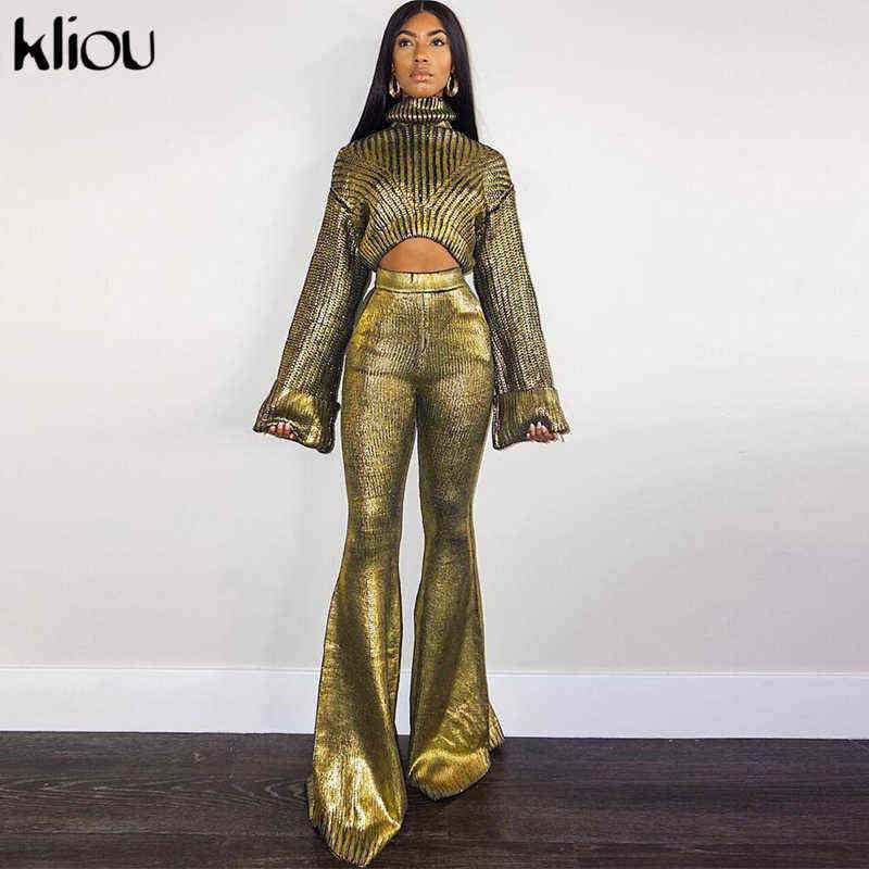 Kliou Ice Silk Boot Cut Pants For Women Hipster Oversized Simple Basic Clothing Elastic High Weist Casual Streetwear Trousers 211115