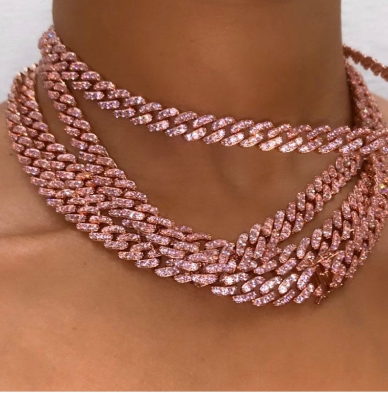 9mm cz cuban chain white pink blue colorful cubic zirconia thin cuban link chains hip hop bling men boy necklace jewelry