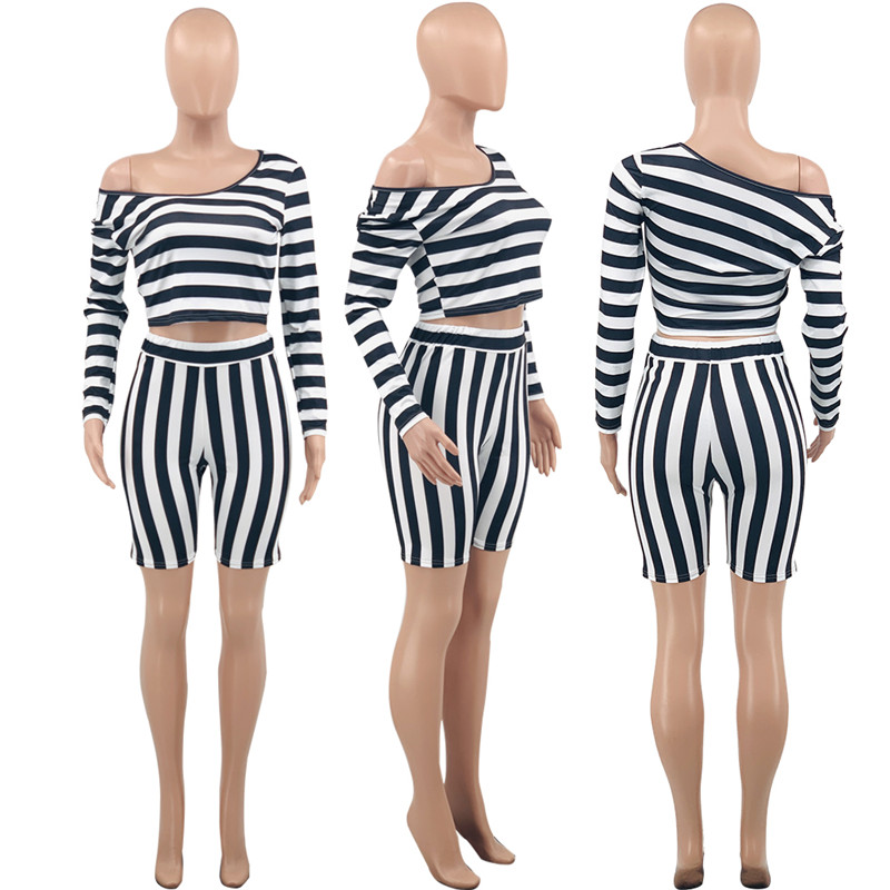 3xl 4XL Plus Size Outfits Summer Women Two Piece Set Long Sleeve pullover sweatshirt Shorts matching set Striped Tracksuits Casual Sportswear