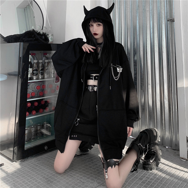 HOUZHOU Gothic Sweatshirt Women Autumn Winter Fashion Punk Women Hoodies Long Sleeve Cotton Zip Up Hoodie Black Loose Pullover 201211