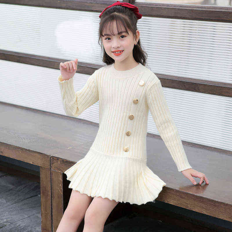 Autumn Big Girls Christmas Dress Winter Knit Sweater es Baby ' Button Red Black Fashion Kids Clothes 211104