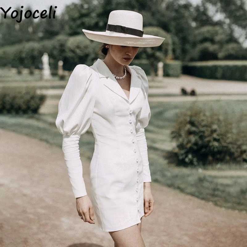 Yojoceli Elegant button cool lantern sleeve dres Spring white party shirt Casual short slim vestidos 210609