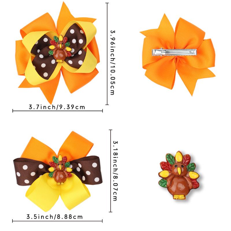 CN 6 Pcs/lots 3.5 " Thanksgiving Hair Bows For Girls Kids Stack Dot Turkey Hair Clips Hairpins Festival Accessoriess
