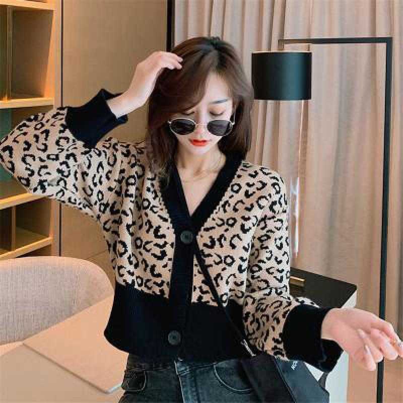 Yedinas Leopard Cardigan Women Korean Style Ladies Sweater Autumn Winter Kardigan Fashion Open Stitch 210527