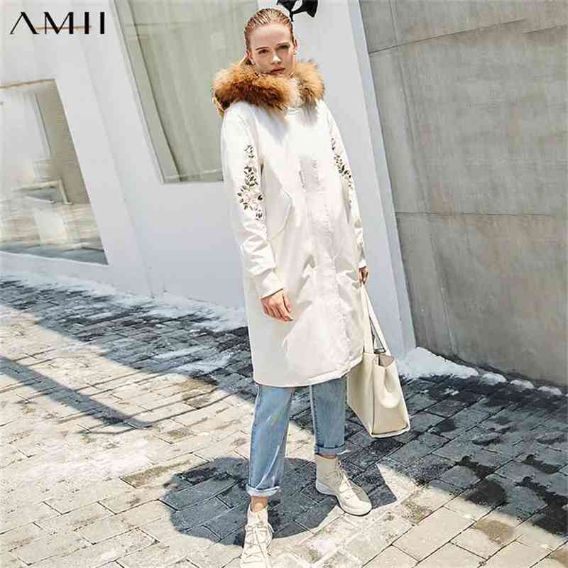 Women 90% White Down Jacket Winter Wool Collar Hooded Embroidery Loose Female Long Coat 1189 210527