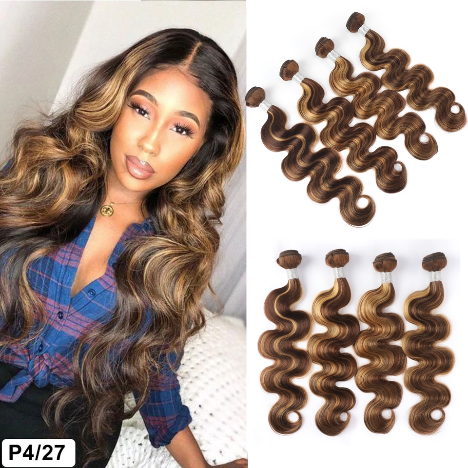 Ishow Wefts Straight Highlight 4/27 Ombre Color Brown Human Hair Bundles 8-28inch Brazilian Body Wave Peruvian Virgn Hair Extensions for Women All Age