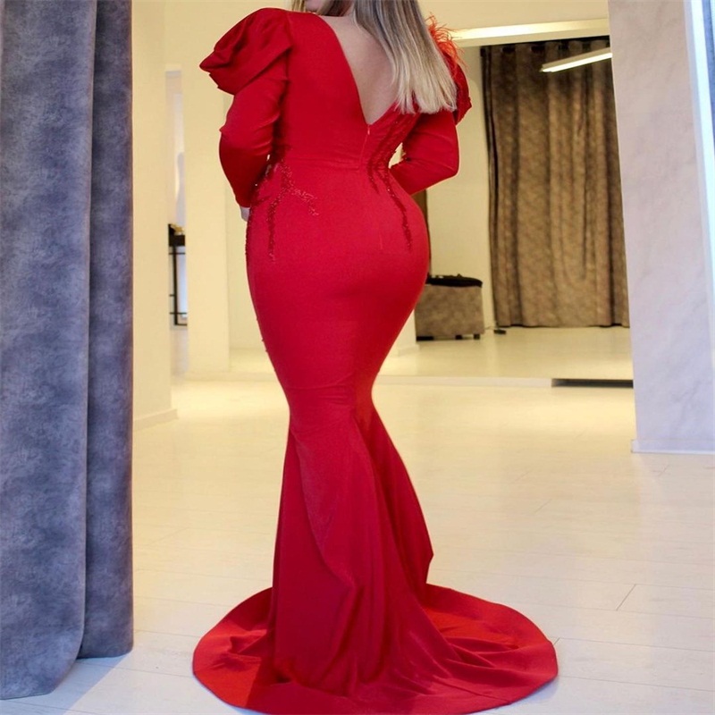 Red Chic Mermaid Prom Dresses Long Sleeves Feather Evening Dresses Beads Appliqued Dubai Arabic Sweep Train Custom Made Pageant Gown