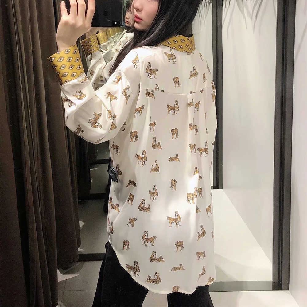 Women Satin Blouse Shirt Tiger pattern print Long Sleeves Collared Elegant Fashion Woman Blouse Shirt Tops 210709