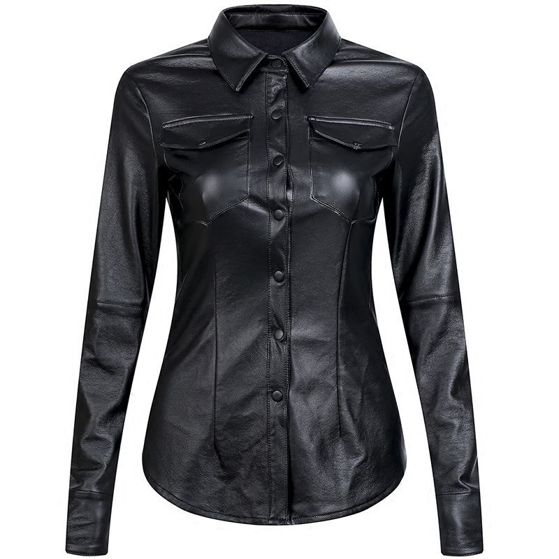 autumn PU Shirt Women Solid Faux Leather Shirt Blouse Vintage Button Tops Office Ladies Blusas Female Camiseta 210225