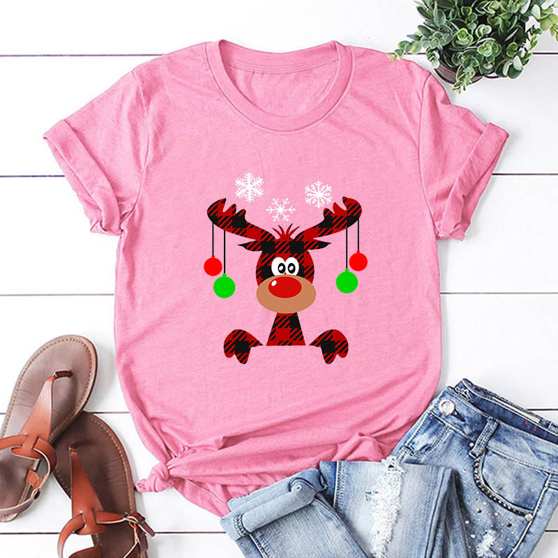 JCGO Women T Shirt Cotton Summer Plus Size 5XL Cartoon Christmas Deer Print Short Sleeve O-Neck Casual TShirts Tops Basic Tees 210306