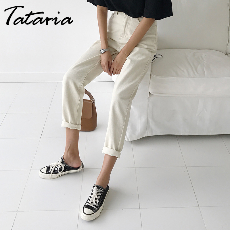 Tataria Jeans Harem For Women Loose Vintage Harem Beige Women's Jeans Pants High Waist Cotton Jean Female Boyfriend Denim 210302
