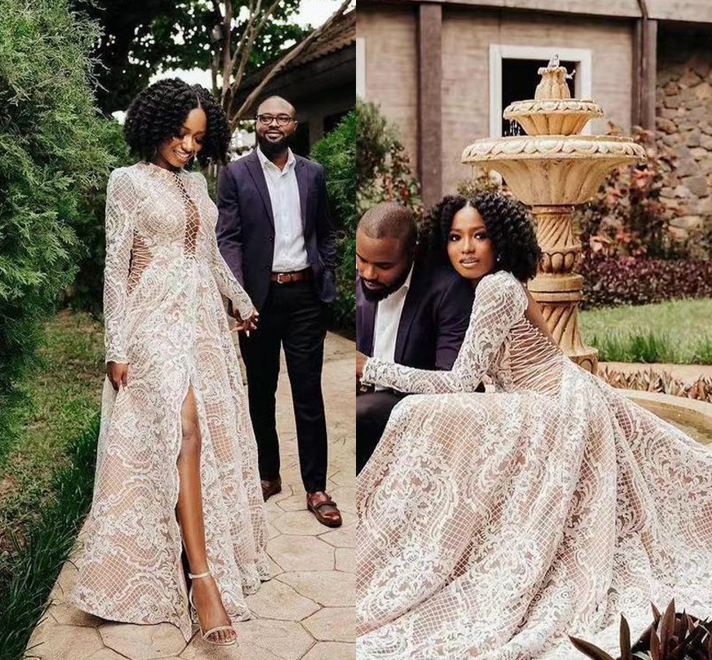 Vintage Crochet Lace Wedding Dresses Vestido De Novia Long Sleeve Sexy Slit Applique 2022 Garden Bohemian Bridal Dress Wear