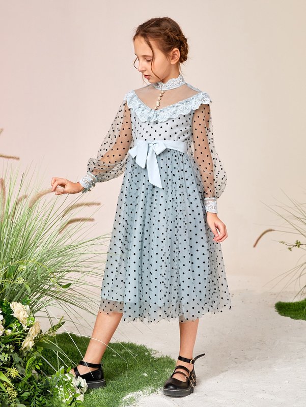 Girls Dobby Mesh Lace Ruffle Trim Belted Dress SHE