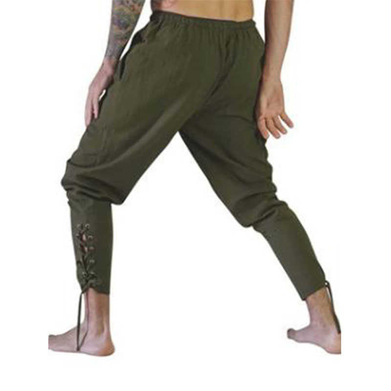 Adult Man Medieval Viking Pirate Cosplay Costume Lace-Up Bandage Pants Larp Capris Trousers Vintage Woven Cotton Joggers For Men 210930