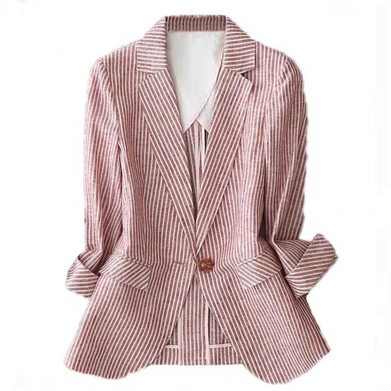 Linen suit female thin summer striped long sleeveone button slim cotton casual jacket 210930