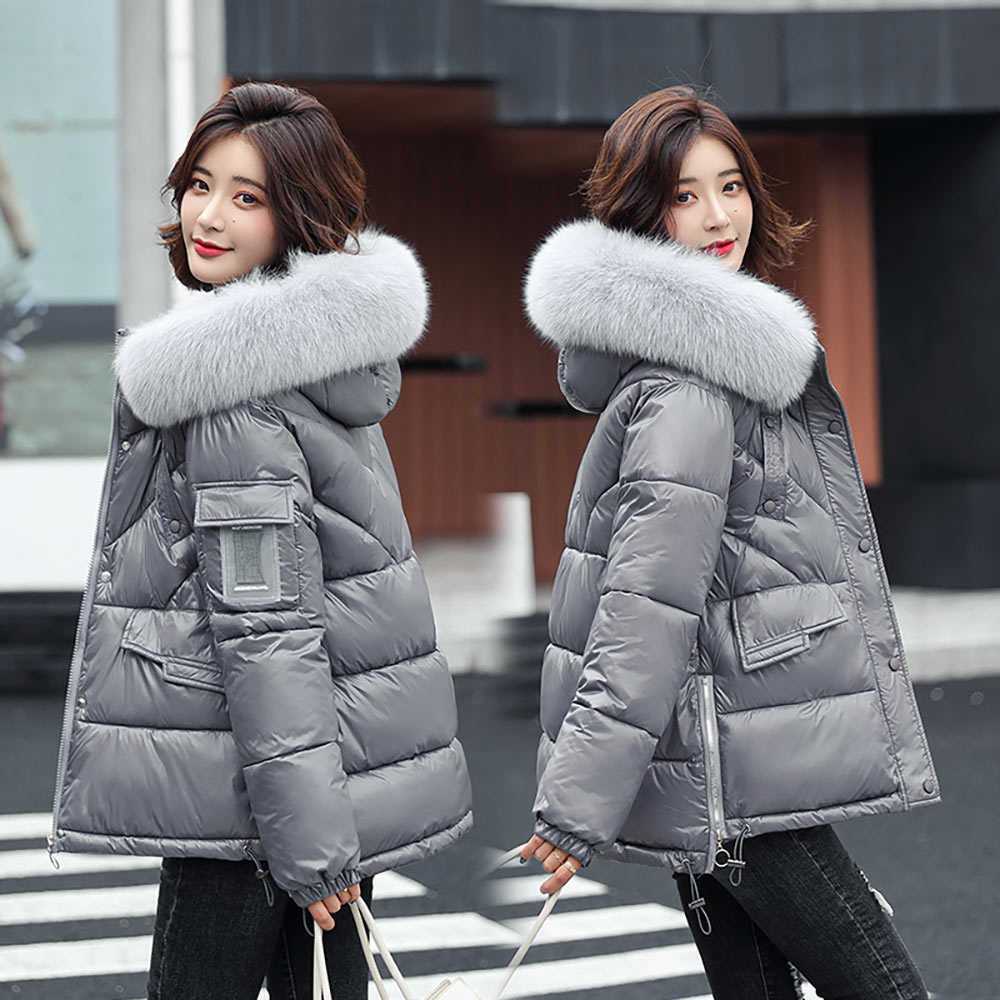 Vielleicht Women Winter Hooded Thick Short Jacket Solid Casual Glossy Warm Cotton Padded Parkas Fur Collar Coat 211013