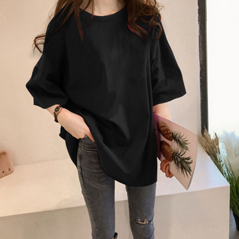 Pure color medium long T-shirt summer Short Sleeved Women Korean leisure large size loose-fitting college style women 210306