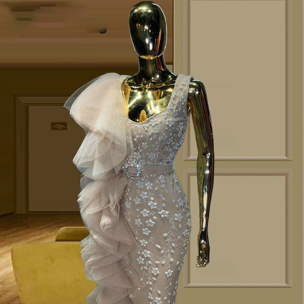 Champagne Chic Prom Dresses With Belt Sleeveless Appliqued Lace Mermaid Evening Dresses Dubai Arabic Ruffles Tulle Custom Made Pageant Gown