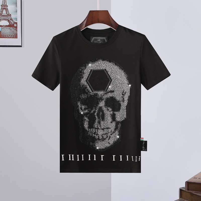 

Men's Summer Breathable T-shirt Skull Letter Logo Hot Rhinestone Round Neck Comfortable Top, Customize