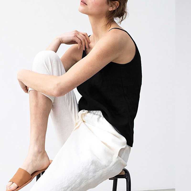 Johnature Linen Women Spaghetti Strap Vest Summer Vintage Loose All Match Simple 5 Colors Female Tops 210625