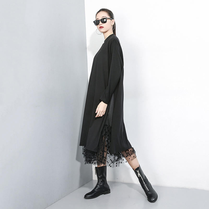 EAM Women Black Mesh Dot Split Joint Dress Stand Collar Long Sleeve Loose Fit Fashion Spring Autumn 1B593 210309