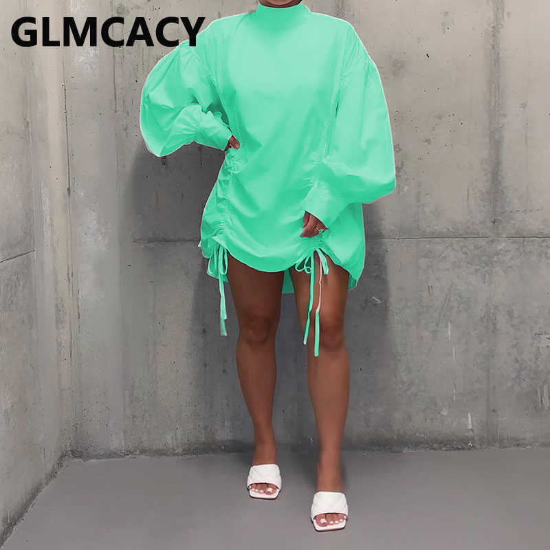 Women O-neck Puff Sleeve Drapped Mini Dress Loose Style Plus Size Dress 210702