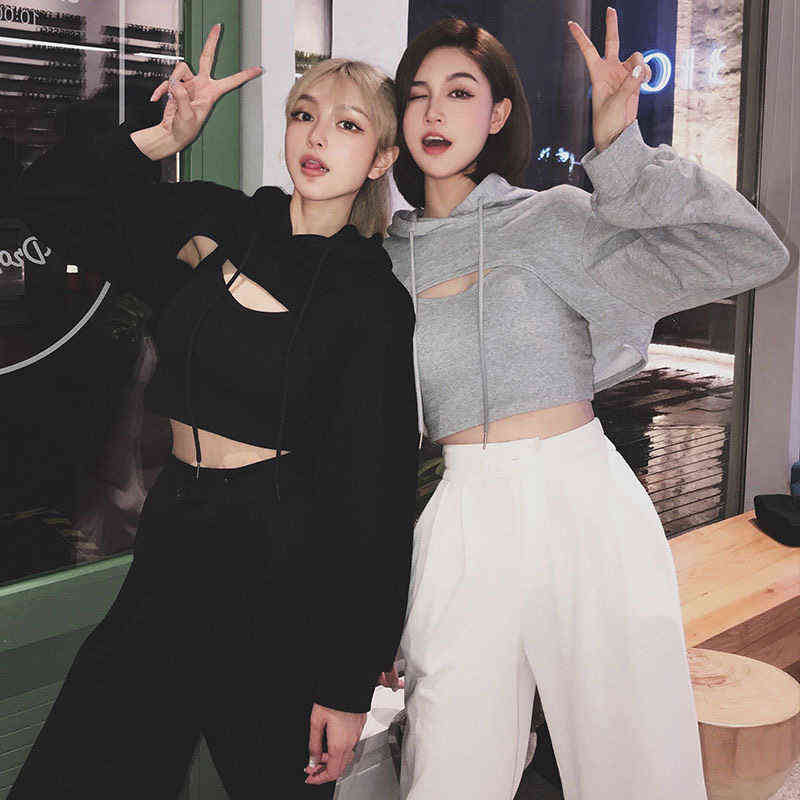 Women Fashion Casual Jogging Hoodies(with Camisole)Korean Loose Short Sweatshirt Female Loose Cropped Hoodies Streetwear Hooded 211108