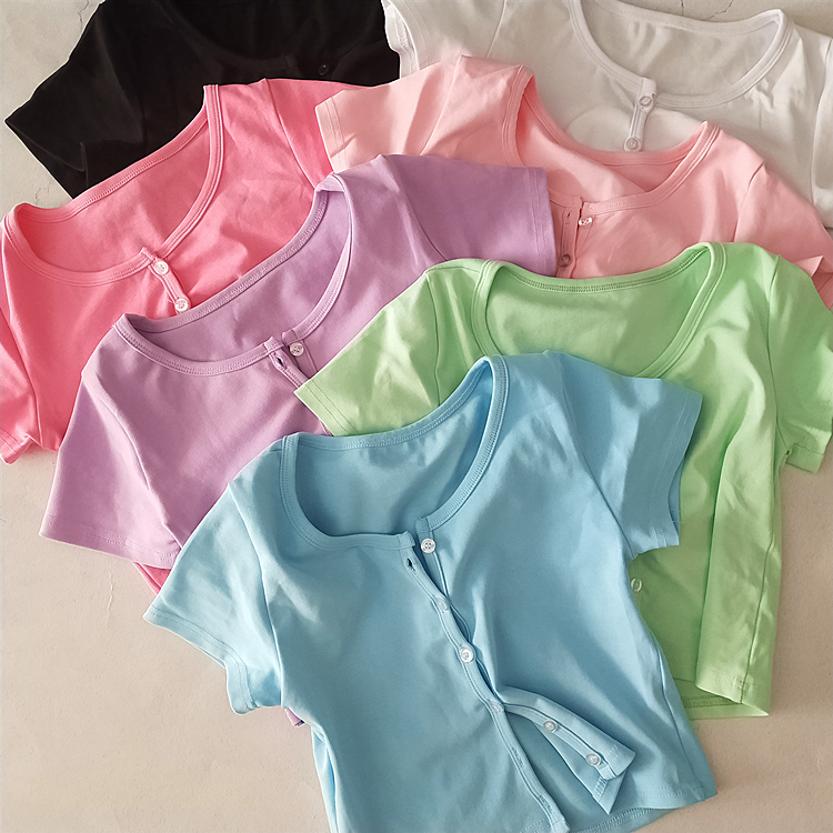Women Scoop Neck Button Down Candy-colored Crop Tee 210306