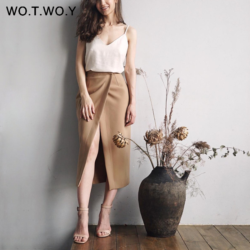 WOTWOY Summer Formal HighWaist Women Skirt Office Lady MidCalf Length Straight Womens Skirt Elegant White Skirt Femme 210311