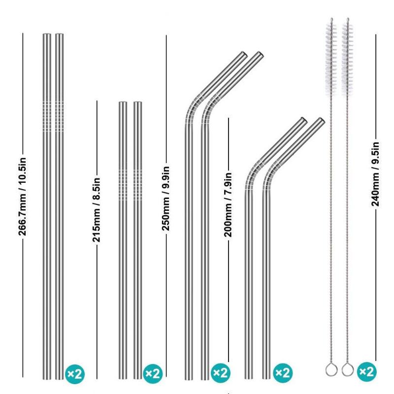 8PCS Reusable Long Stainless Steel Metal Drinking Straws With Cleaning Brushes Set bar accessories metal cocktail straws #007