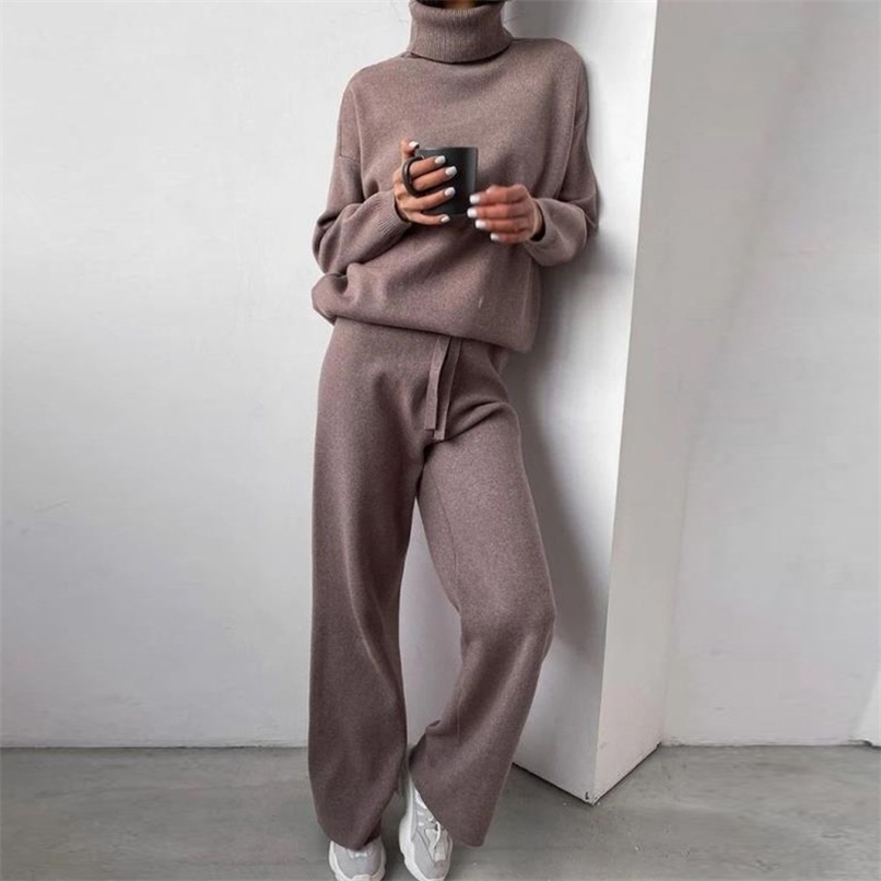 Warm Knitt Women Hoodie Sweatshirt Two Piece Set Autumn Pants Top 2PCS Outfits Female Solid Casual Sports Suits Sweatshirts 211116