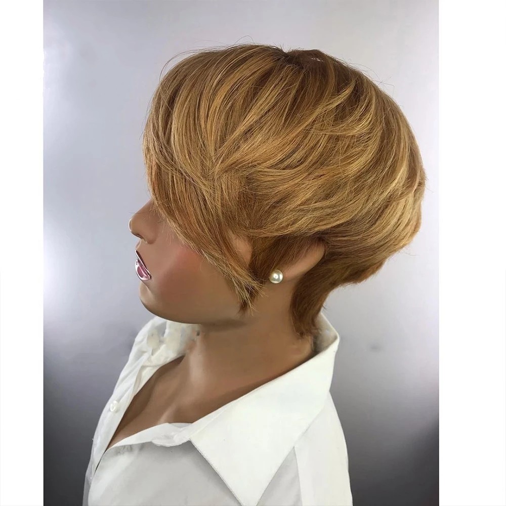 Honey Blonde Color Short Wavy Bob e Cut Wig Full hine Made Non Lace Front Remy Brazilian Human Hair Wigs For Black Woman