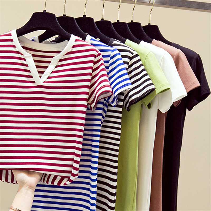 Summer Female T Shirts Striped Soft Casual Women Tops Tees elastic Ladie Shirts V Neck Cotton Tshirt Red Blue Green S2XL T200614