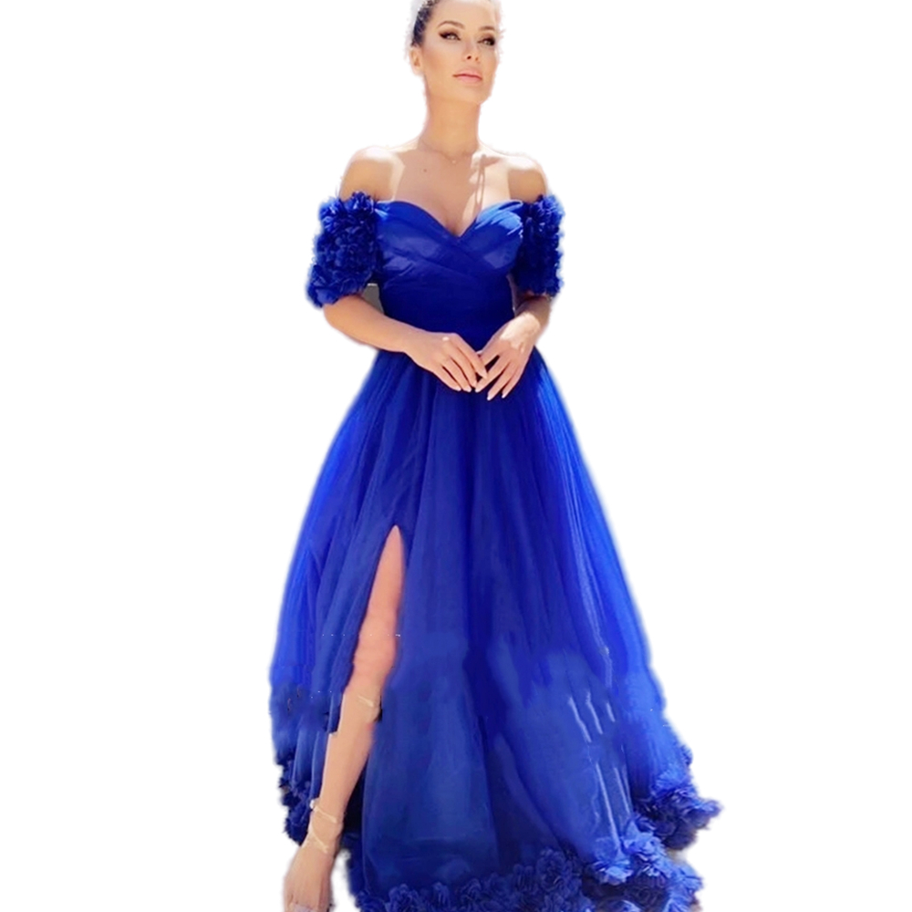 Princess Royal Blue Flowers Evening Dresses Long Luxury 2022 V-Neck Floral Off The Shoulder Side Split Prom Gowns Tulle Vintage A Line Celebrity Dress