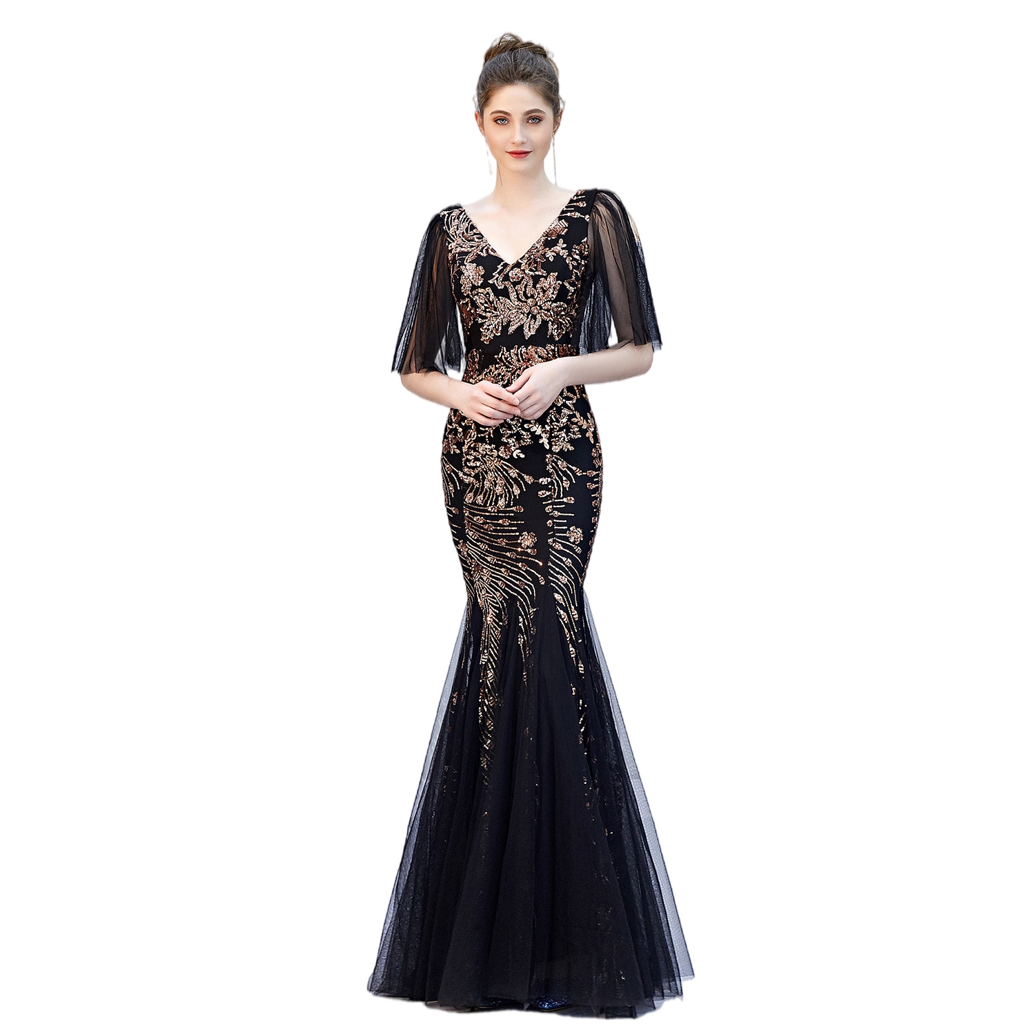 Black Golden Evening Dress Banquet Long Sequin Host Slim Fishtail Graduation dress mermaid Prom Gown vestidos de noche largos