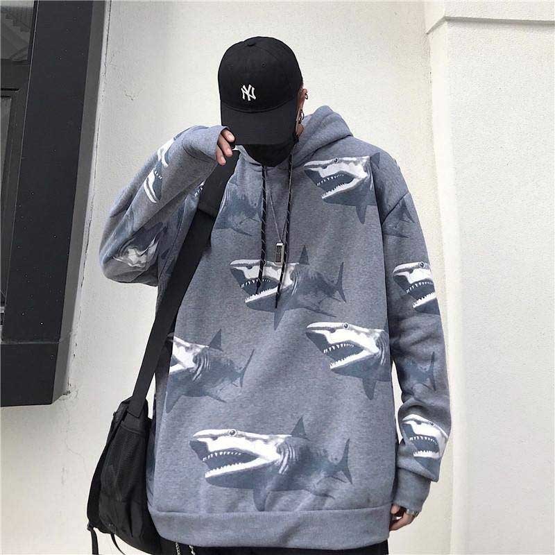 NiceMix Female winter new fashion ins shark print Harajuku loose casual plus velvet retro hip hop jacket jacket hoodie swea 201126