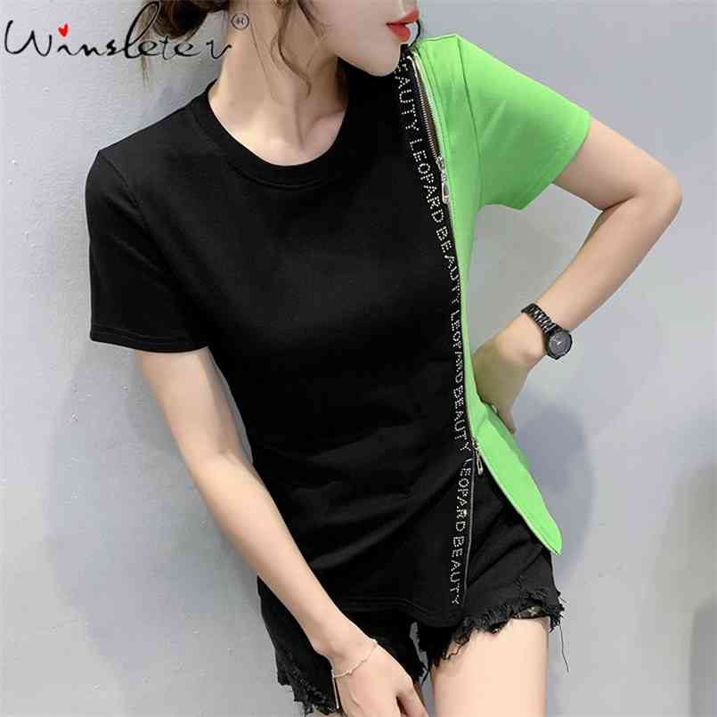 

Summer Korean Clothes Cotton T-Shirt Chic Sexy Spliced Zipper Irregularity Diamonds Letter Women Tops Short Sleeve Tees T14209A 210708, Green t shirt