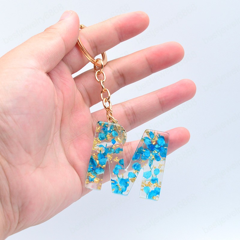 Dried Flower Letter Keychain For Woman English Alphabet Key Rings With Golden Leaf Acrylic Words Crafts Handbag Charms