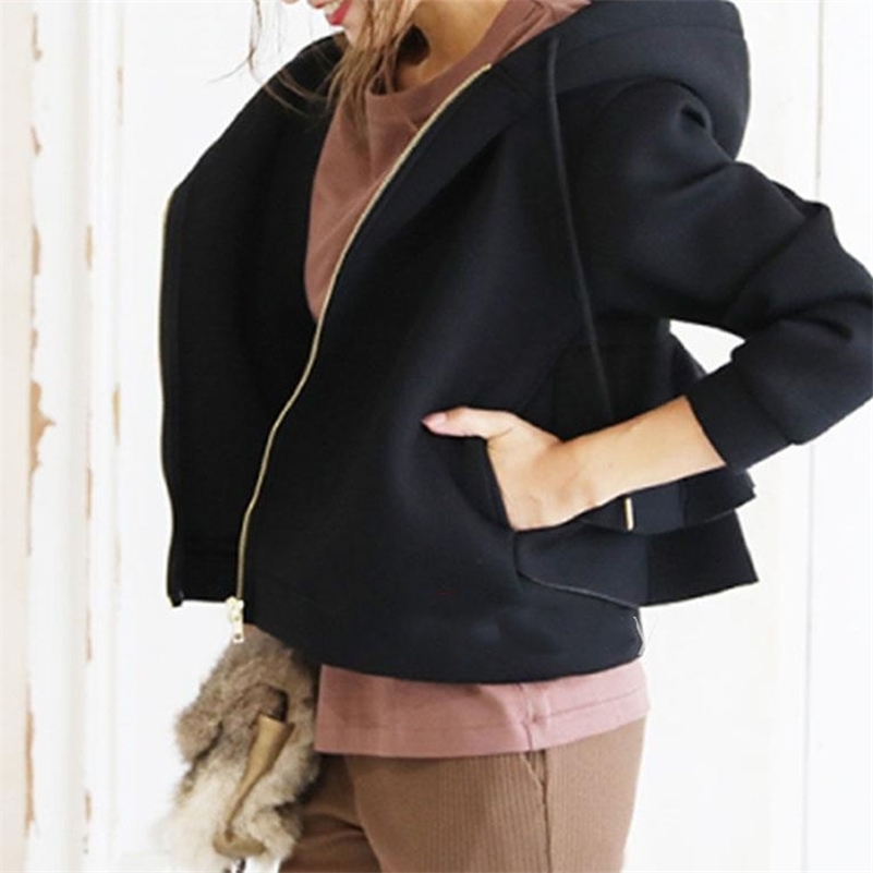 Autumn Women Hoodie Japan Style Ruffles Short Coats Zipper Hooded Falbala Solid Outwear Japan Ladies Sweatshirt Casual Top 201209