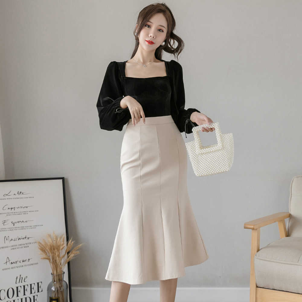Women High Waist Midi Skirts Plus Size Ruffles Black Khaki Beige Office OL Skirt Fashion Package Hip Mermaid Womens 210621
