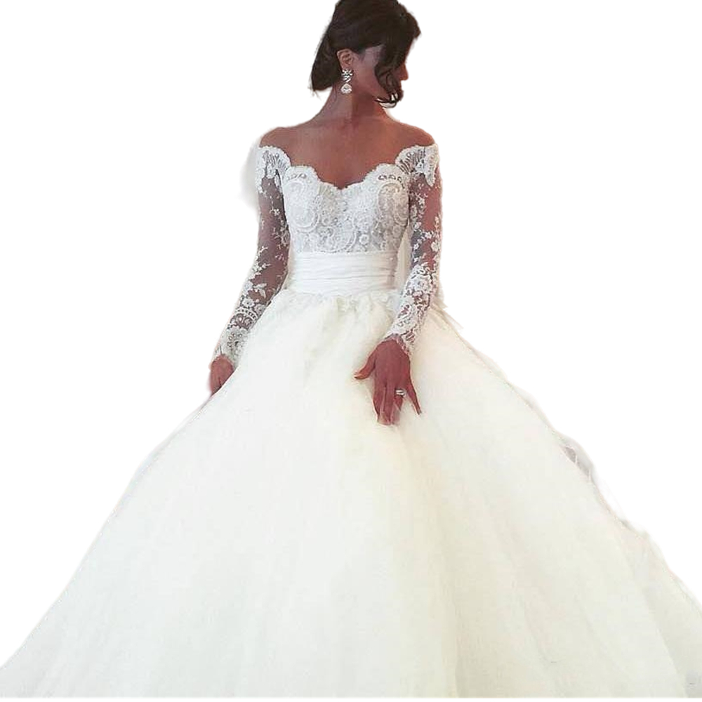 2022 Elegant Arabic Dubai A Line Wedding Dress With Long Sleeves Lace Deep V Neck Floor Length Ivory Tulle Bridal Gowns Spring Autumn Garden Pastrol B