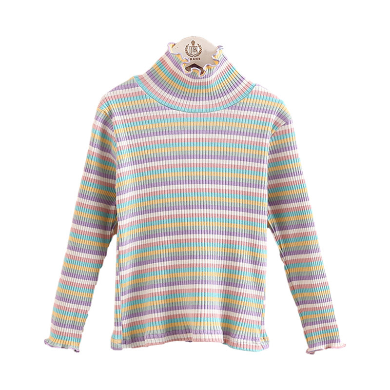 Spring Autumn 2-10 12 Years Children'S Sweet Long Sleeve Colorful Striped High Neck Basic Turtleneck T-Shirt For Kids Girls 210306