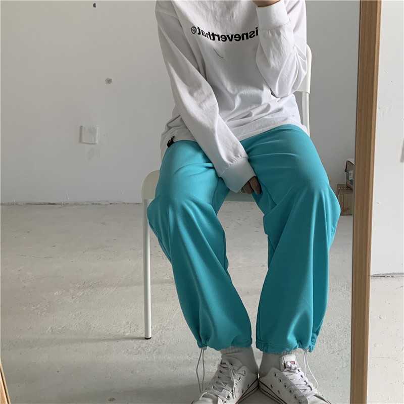 Yedinas Candy Color Pants Women Korean Style Straight Elastic Waist Trousers Casual Loose Solid Wide Leg Harajuku Female 210527