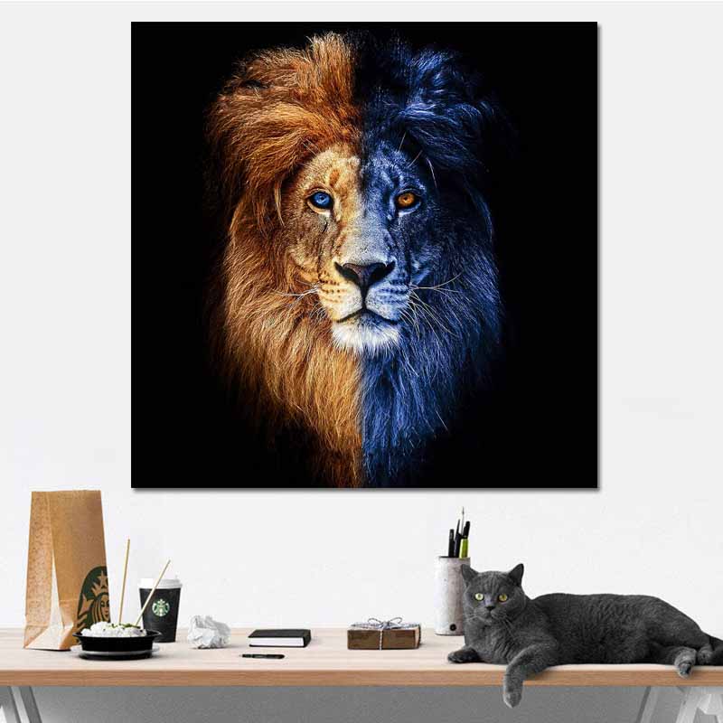 Modern Canvas Wall Picture Art Animal Painting Print Profound Lion Face With Double Colors For Living Room Home Decor No Frame