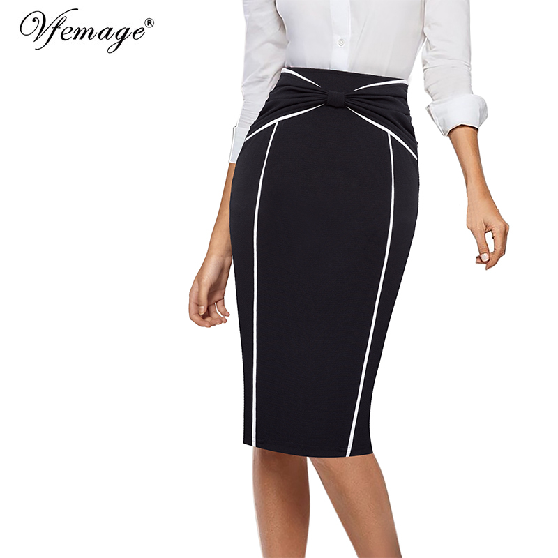 Vfemage Womens Elegant Pleated Bow High Waist Striped Patchwork Slim Casual Work Office Business Party Bodycon Pencil Skirt 865 210306