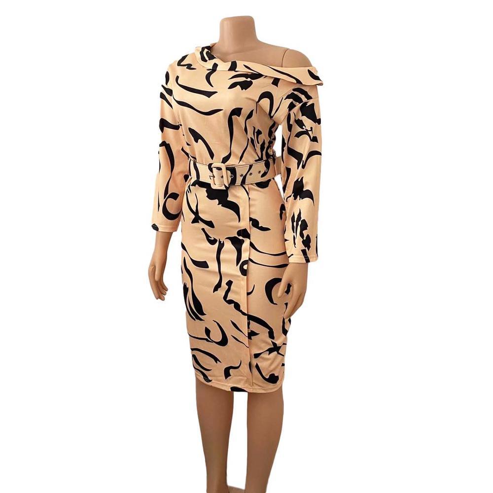 Women Print Dresses Elegant Office Ladies Long Sleeves Autumn Fashion with Wasit Belt Classy Female Vestidos Work Wear Lady 210303