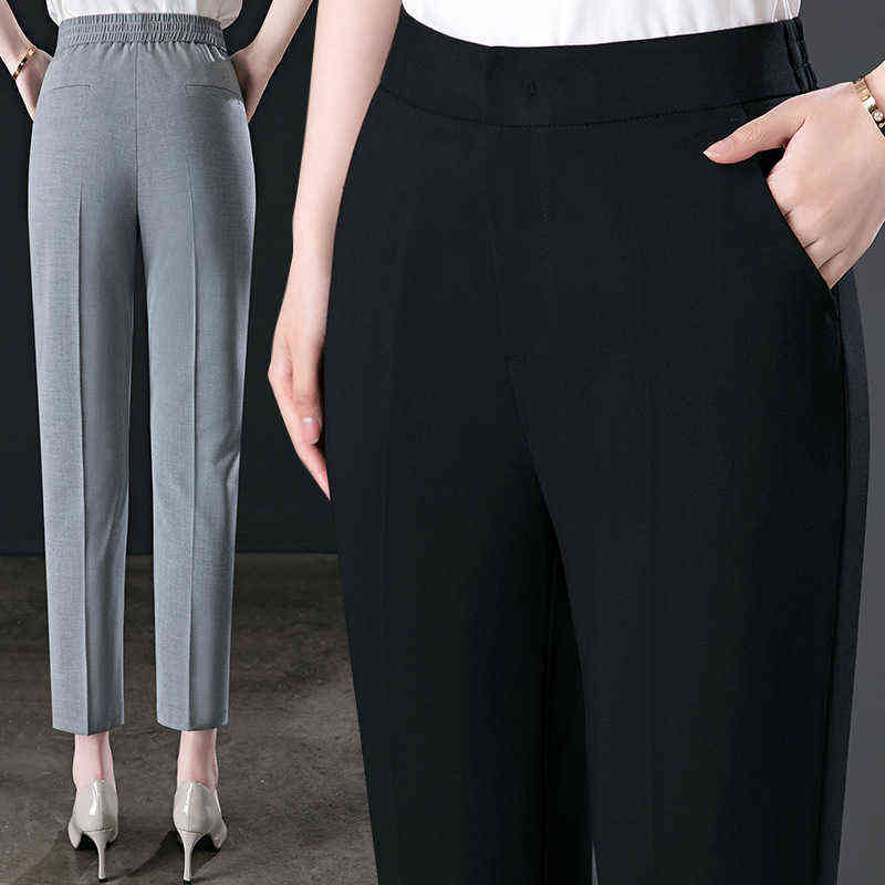 Summer High-waisted Professional Dress Pants Women Feel Casual Thin Loose Waist Large Yards Nine Straight Black 211115