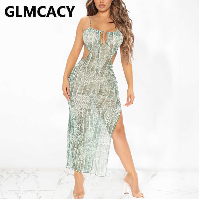 Spaghetti Strap Summer Mesh Slit Party Dress 210702